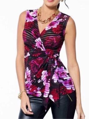 Beautiful Cache Floral Twist Front Sleeveless Top - Black, Red & Pink